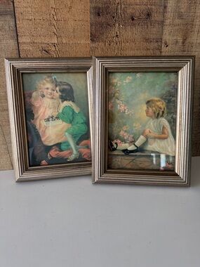 Vintage-Style Framed Wall Art Pair - Children Portraits